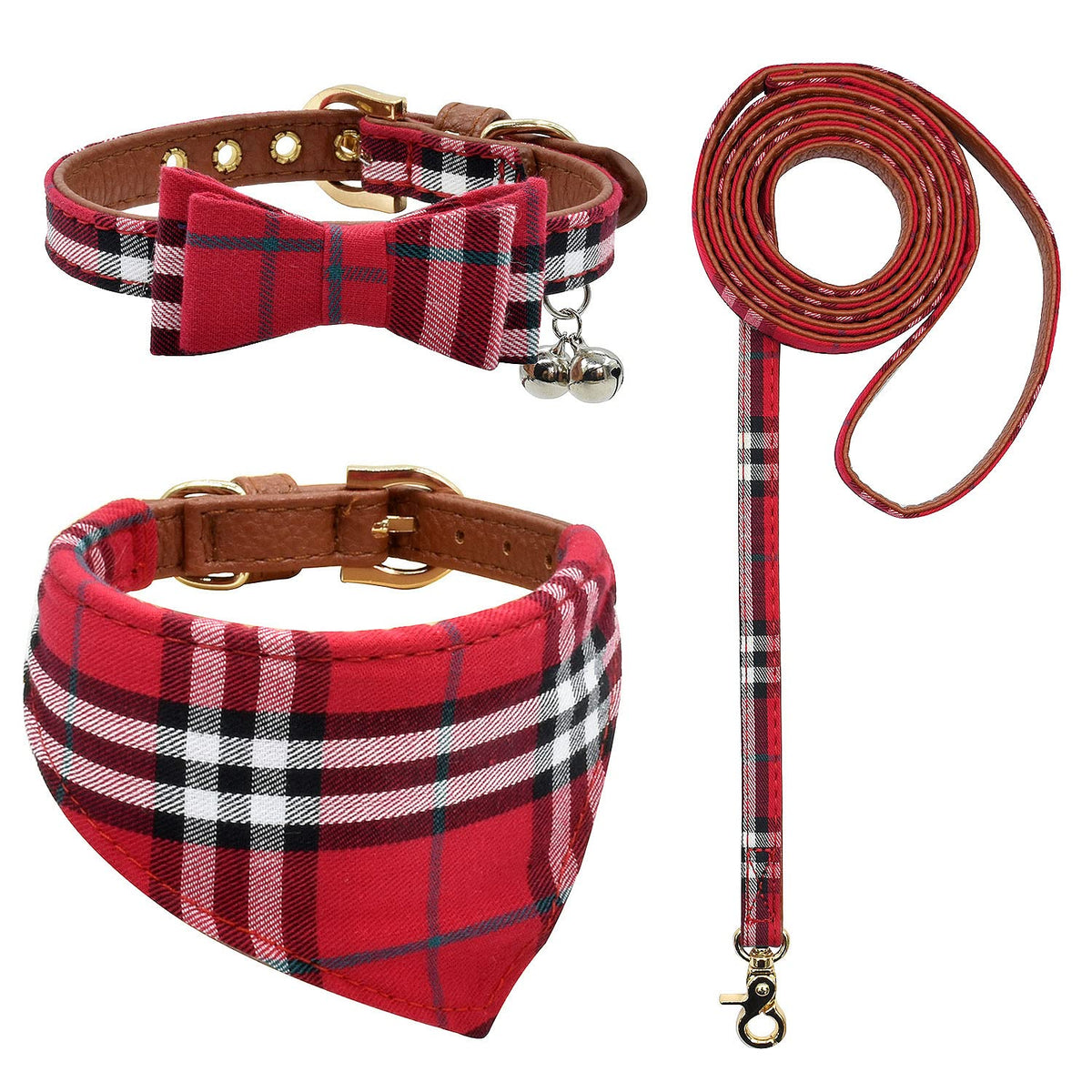 3PCS Bow Tie Dog Collar and Leash Set Plaid/Camo/Dots/Flower Dog Bandanas with Bell 3 Size Adjustable for Small Dogs Puppies and Cats (XS, Orange Plaid)