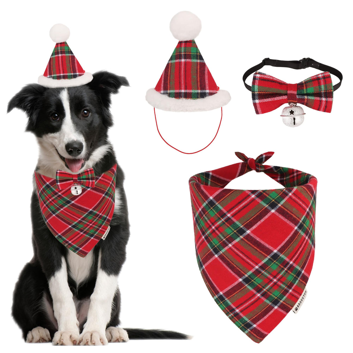ADOGGYGO Christmas Dog Bandana Hat Bow Tie Set - Stylish Red Plaid Puppy Christmas Hat Scarf Costume Outfit for Small Dogs Pets (Small)