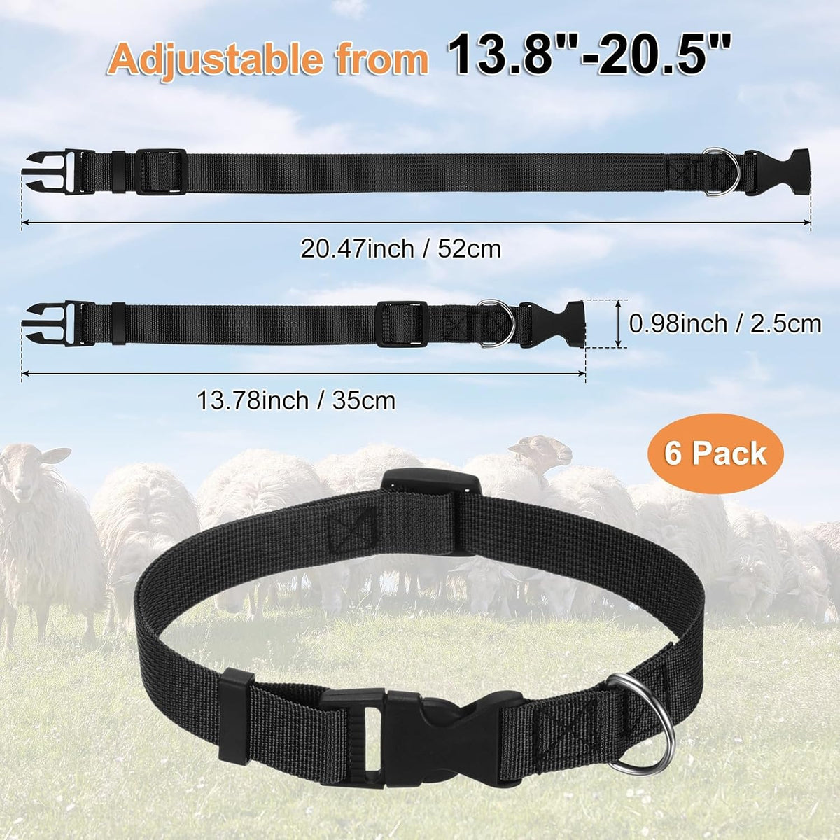 M METERXITY 6-Pack Goat Collars with Bells, 13.8"-20.5" Polyester Adjustable Pet Collar with Anti-Lost Grazing Copper Bell for Small Farm Animal/Sheep/Cow/Goat [Black]