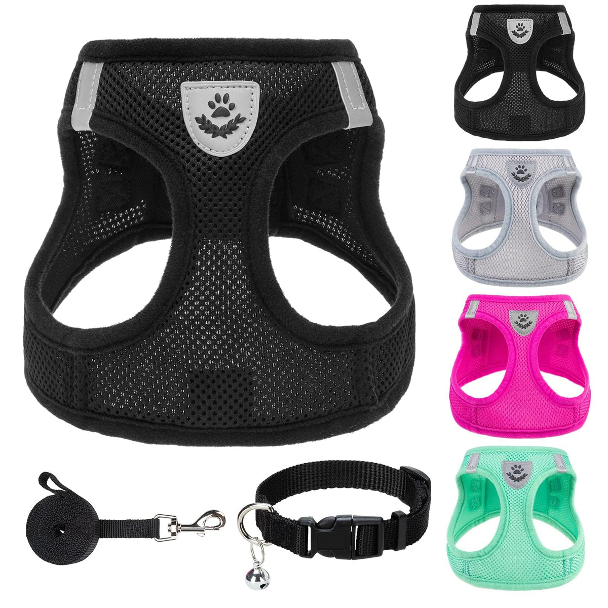 PUPTECK Adjustable Pet Harness Collar &Leash Set Step in for Small Dogs Puppy &Cats Outdoor Training &Running, Soft Mesh Padded Reflective Vest Harness,M: Chest girth: 16-18in Collar: 11.8-15.7in