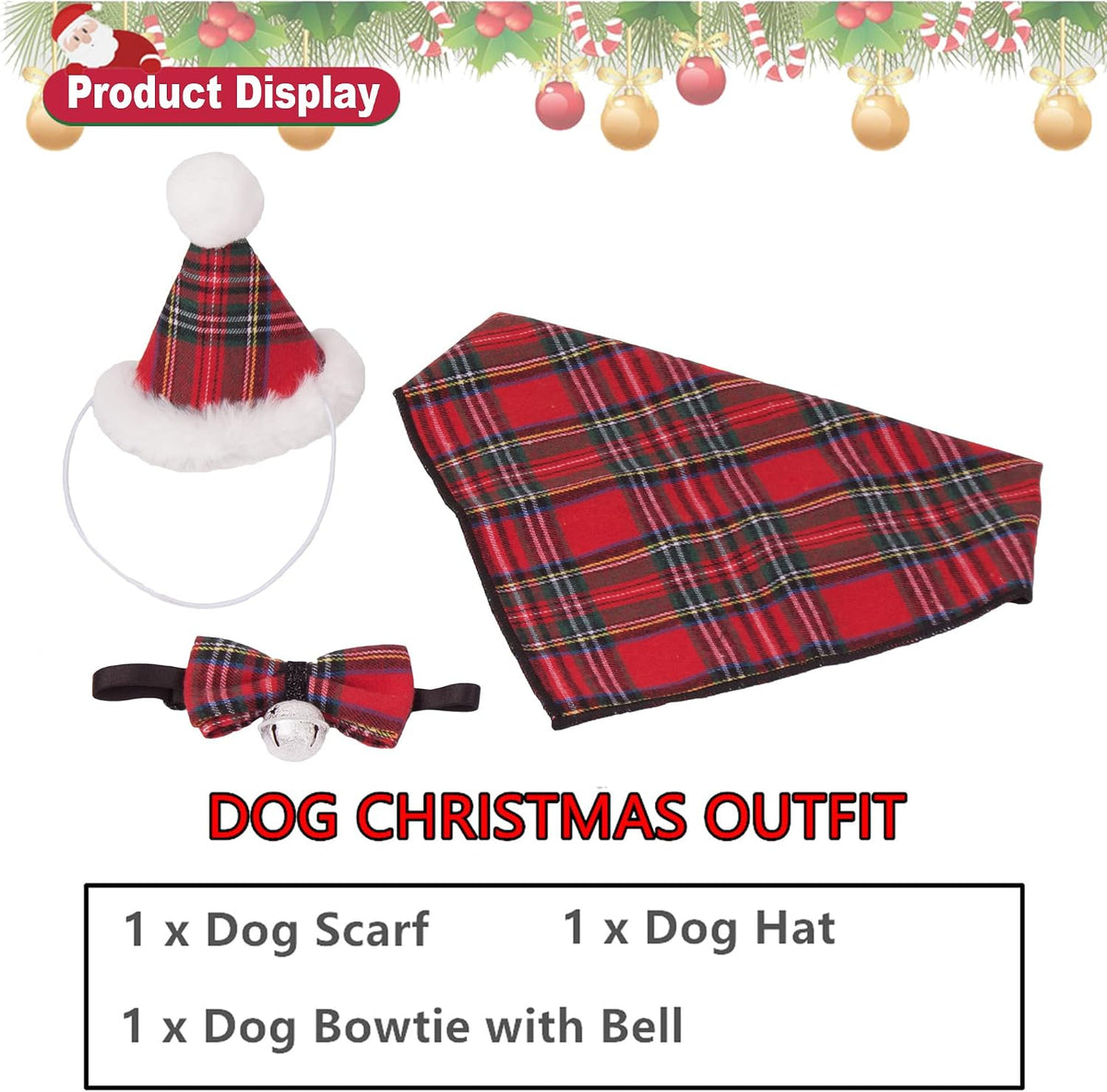 ADOGGYGO Christmas Dog Bandana Hat Bow Tie Set - Stylish Red Plaid Puppy Christmas Hat Scarf Costume Outfit for Small Dogs Pets (Small)