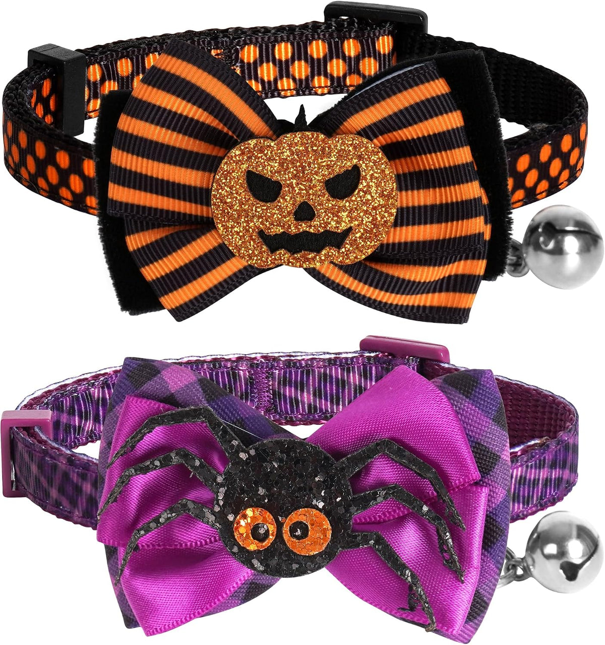 azuza 2 Pack Halloween Cat Collars with Bell, Pumpkin Spider Bowtie Design