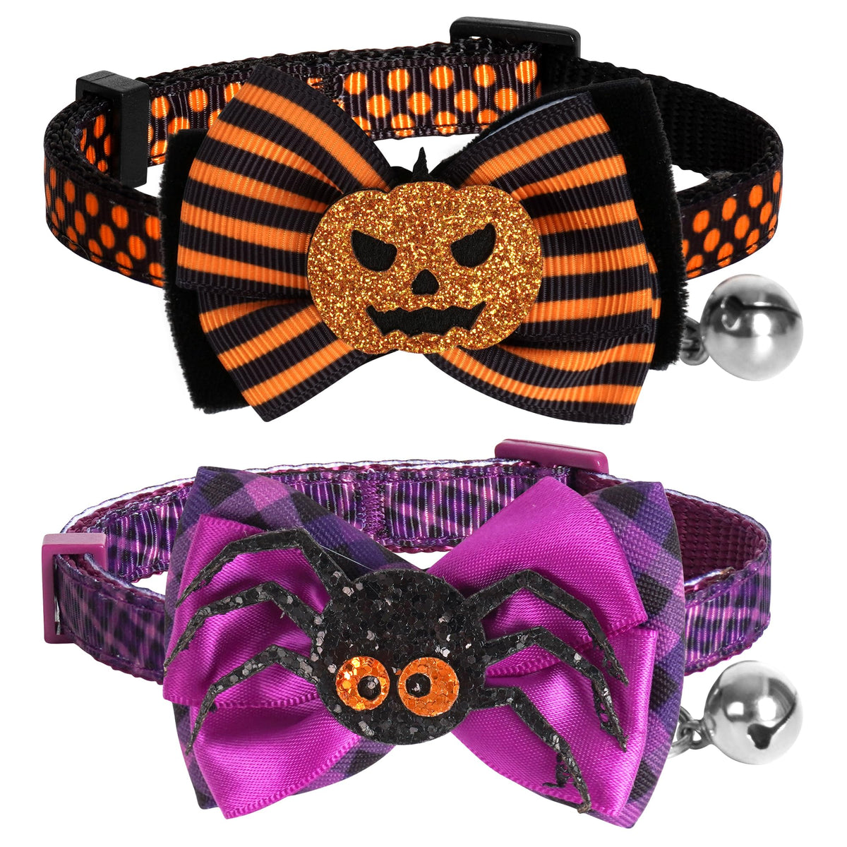 azuza 2 Pack Halloween Cat Collars with Bell, Pumpkin Spider Bowtie Design