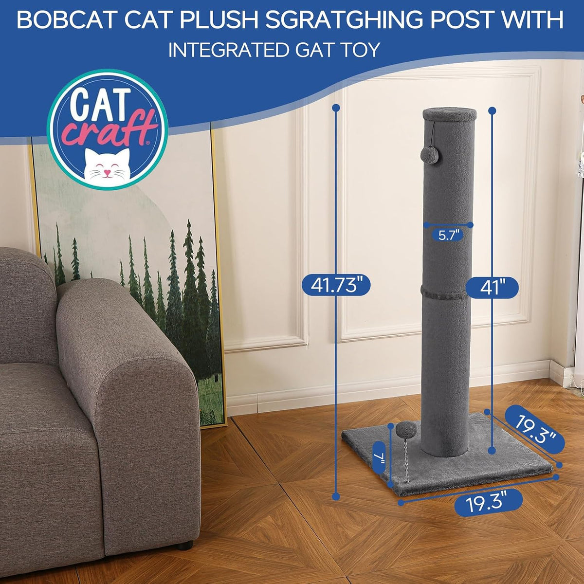 Cat Craft 41" Tall Short Plush Cat Scratching Post for Indoor Cats, Gray