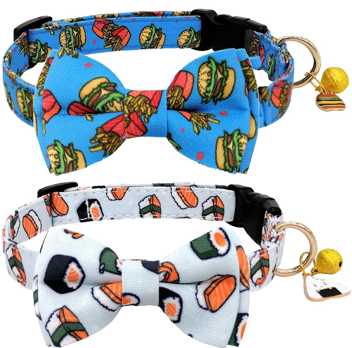 2 Pack Print Dog Collars with Bow Tie, Adjustable Dog Collar with Bells and Charm Safety Buckle Cute Pet Collars for Small/Medium/Large Dogs and Cats Boys Girls
