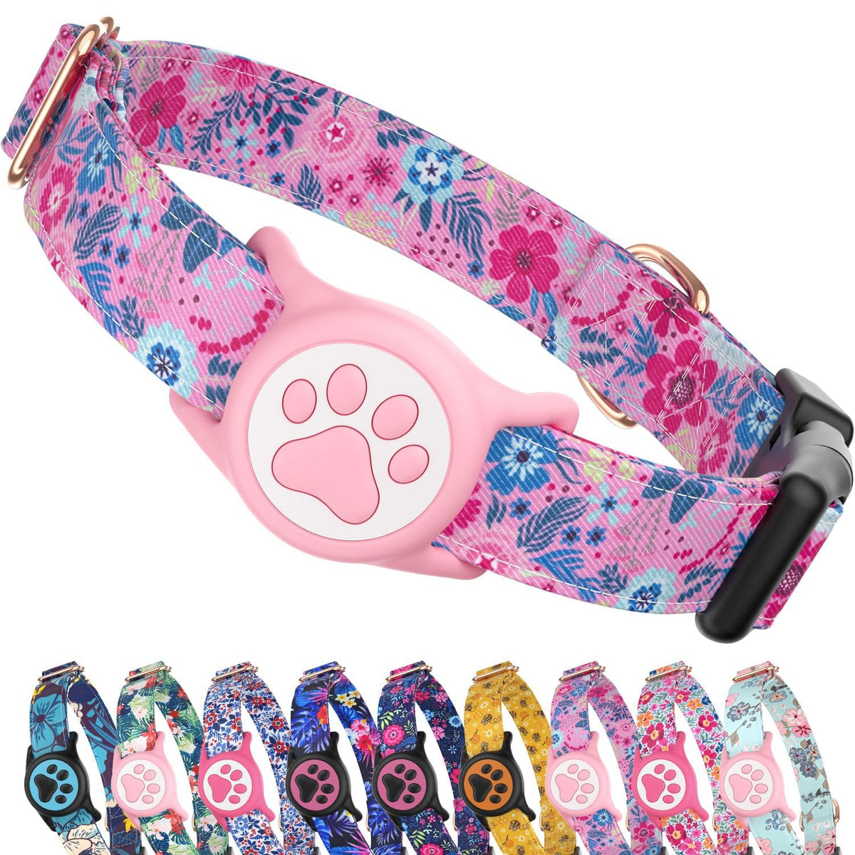 Premium Airtag Dog Collar，with IP68 Waterproof AirTag Holder,Pink,S