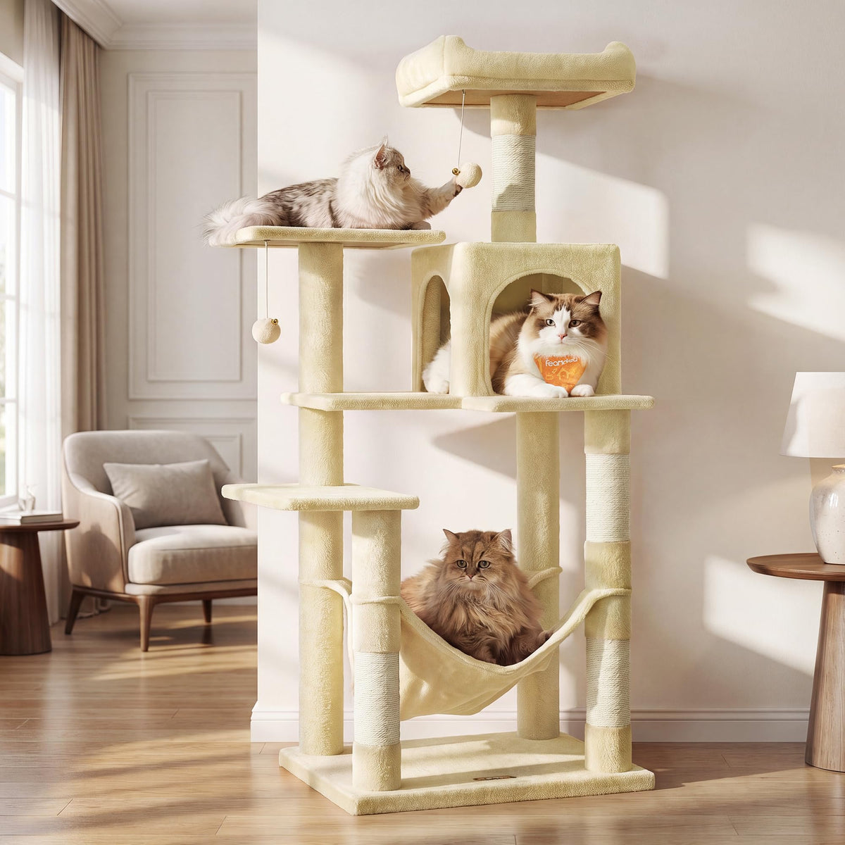 Feandrea Cat Tree, 59.5-Inch Tall Cat Tower, Multi-Level Condo, Beige
