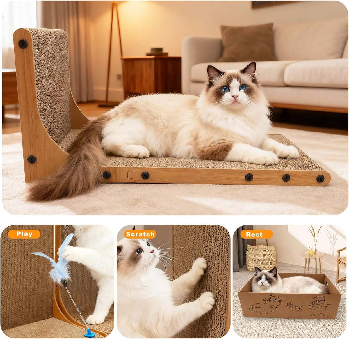 Goosheep Cat Scratching Post, 3-in1 Cat Scratcher for Indoor Cats, 2PK 22in L-Shaped Scratching Board with 1PK Cardboard Box Scratch Pad, Cats Scratch Furniture Protector with Feathered Toy