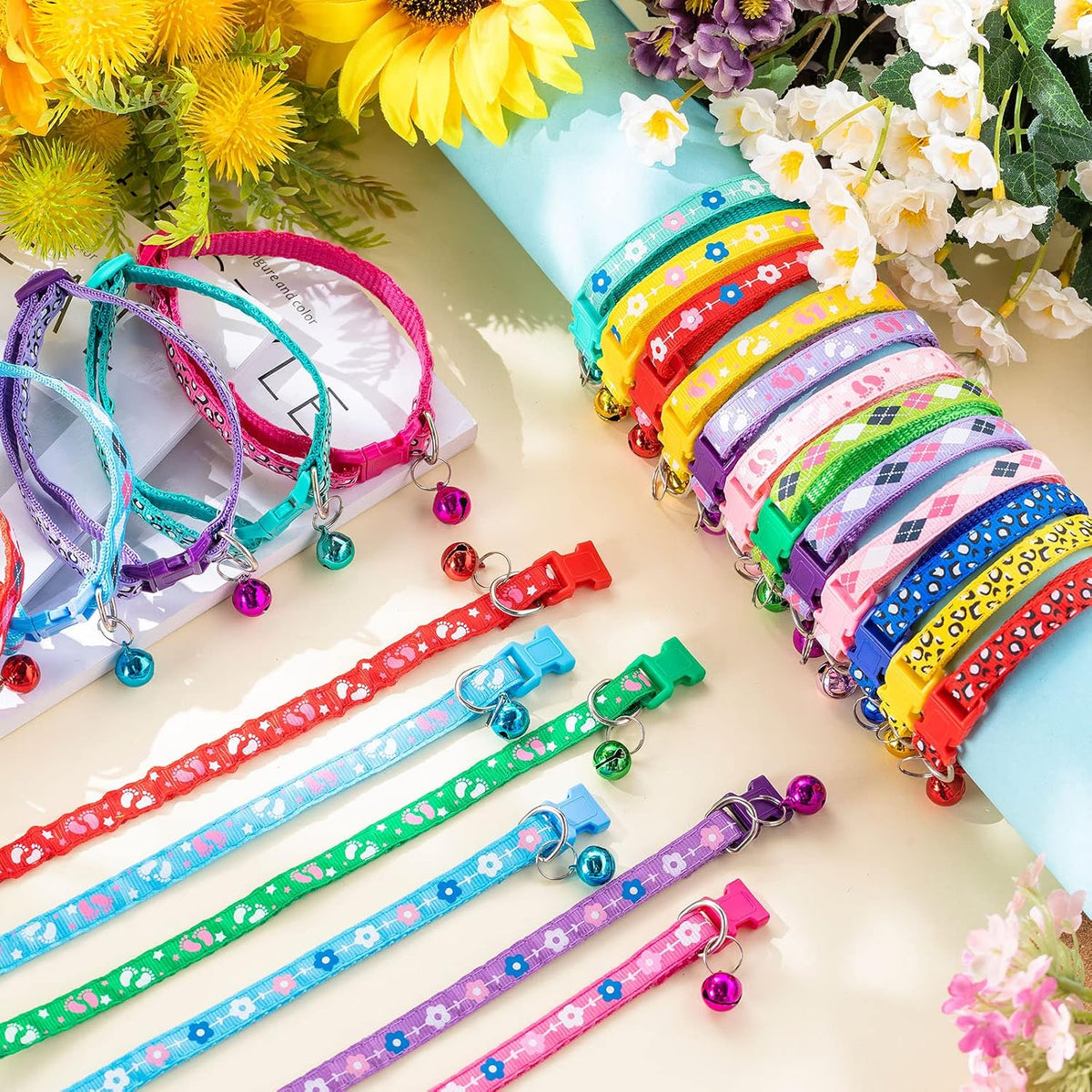 Yunsailing 24 Pcs Dog Collars with Bells for Litter Dog, Cute Pattern