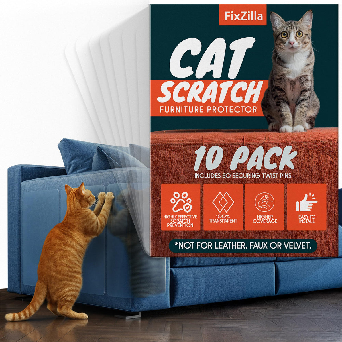 FixZilla Anti Cat Scratch Furniture Protector, 10-Pack Couch Protector from Cat Claws - Heavy-Duty, Easy-to-Apply Scratching Deterrent and Shield for Sofa Corners, Walls, Doors- with 50 Twist Pins