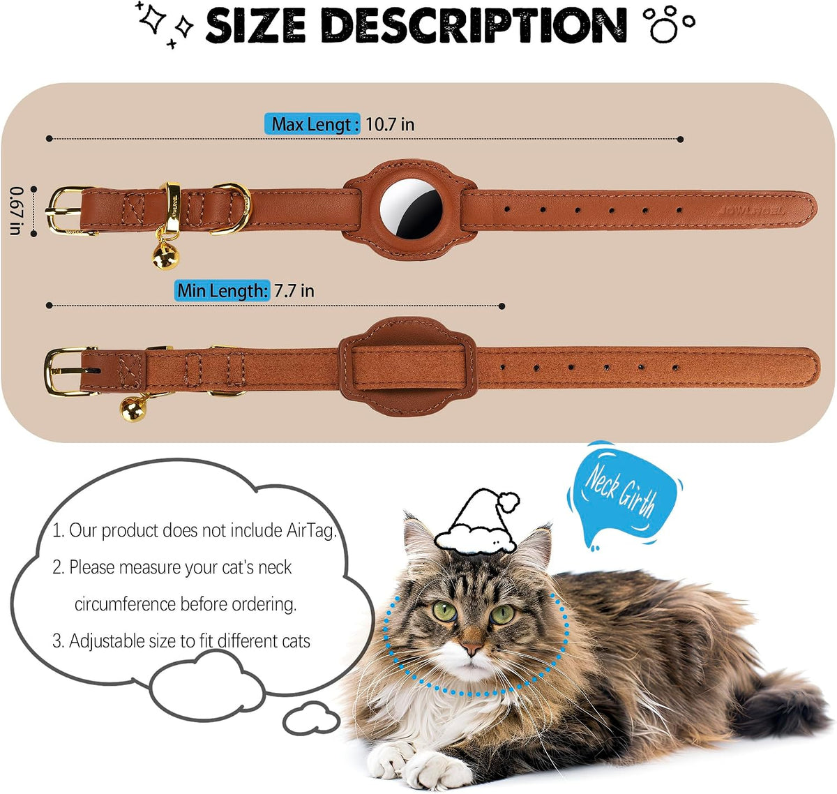 AirTag Cat Collar with Bell & Fabric Liner - Pet Collar Leather Cat Collar - Non Breakaway Leather Kitten Collar with AirTag Holder - GPS Cat Collars for Boy Cats, Girl Cats (Brown)