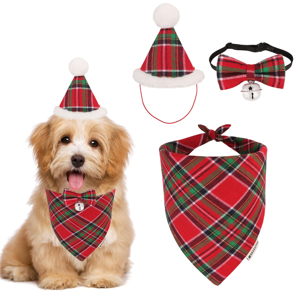 ADOGGYGO Christmas Dog Bandana Hat Bow Tie Set - Stylish Red Plaid Puppy Christmas Hat Scarf Costume Outfit for Small Dogs Pets (Small)