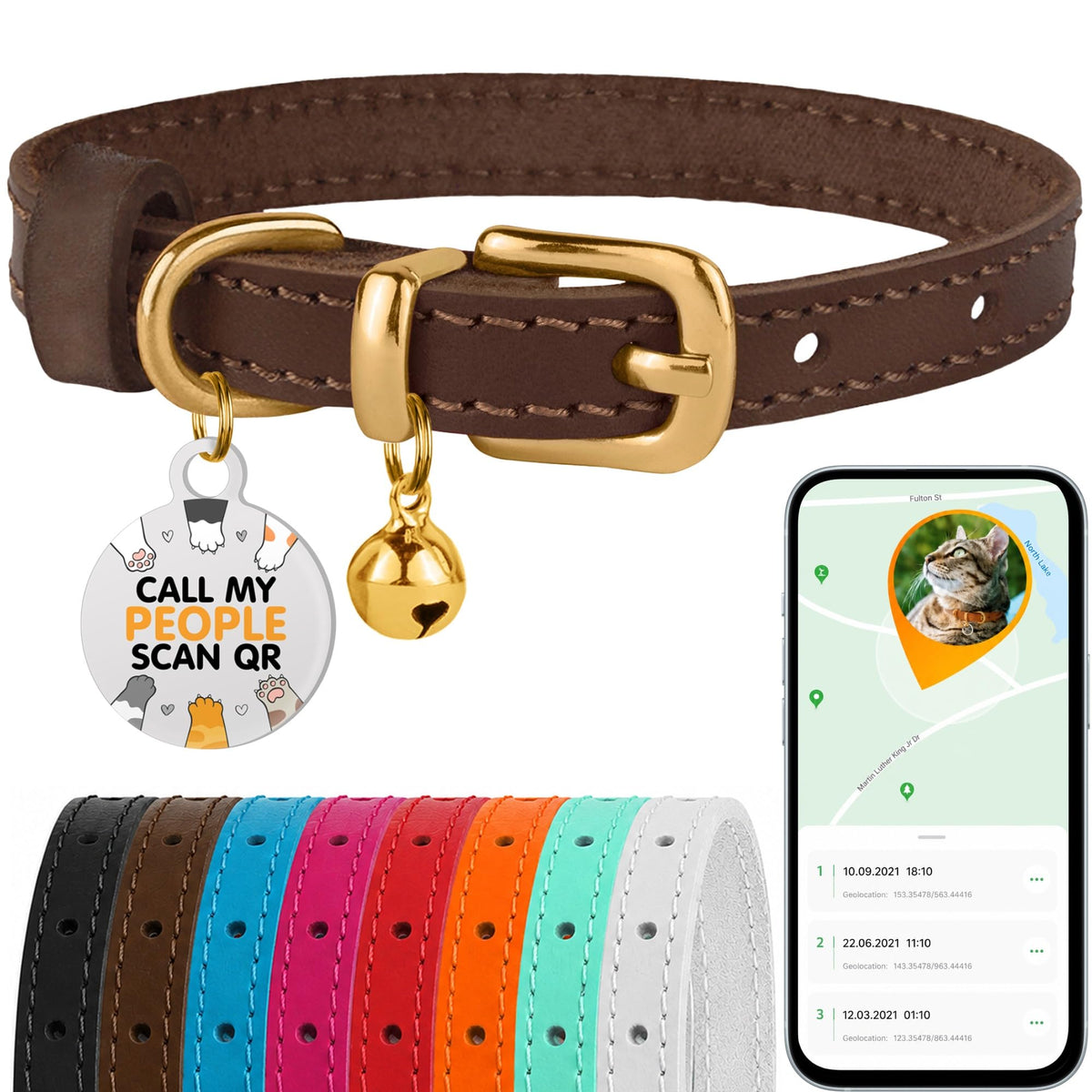 Leather Cat Collar, Removable Bells, QR Tag (9-12", Black & Gold)