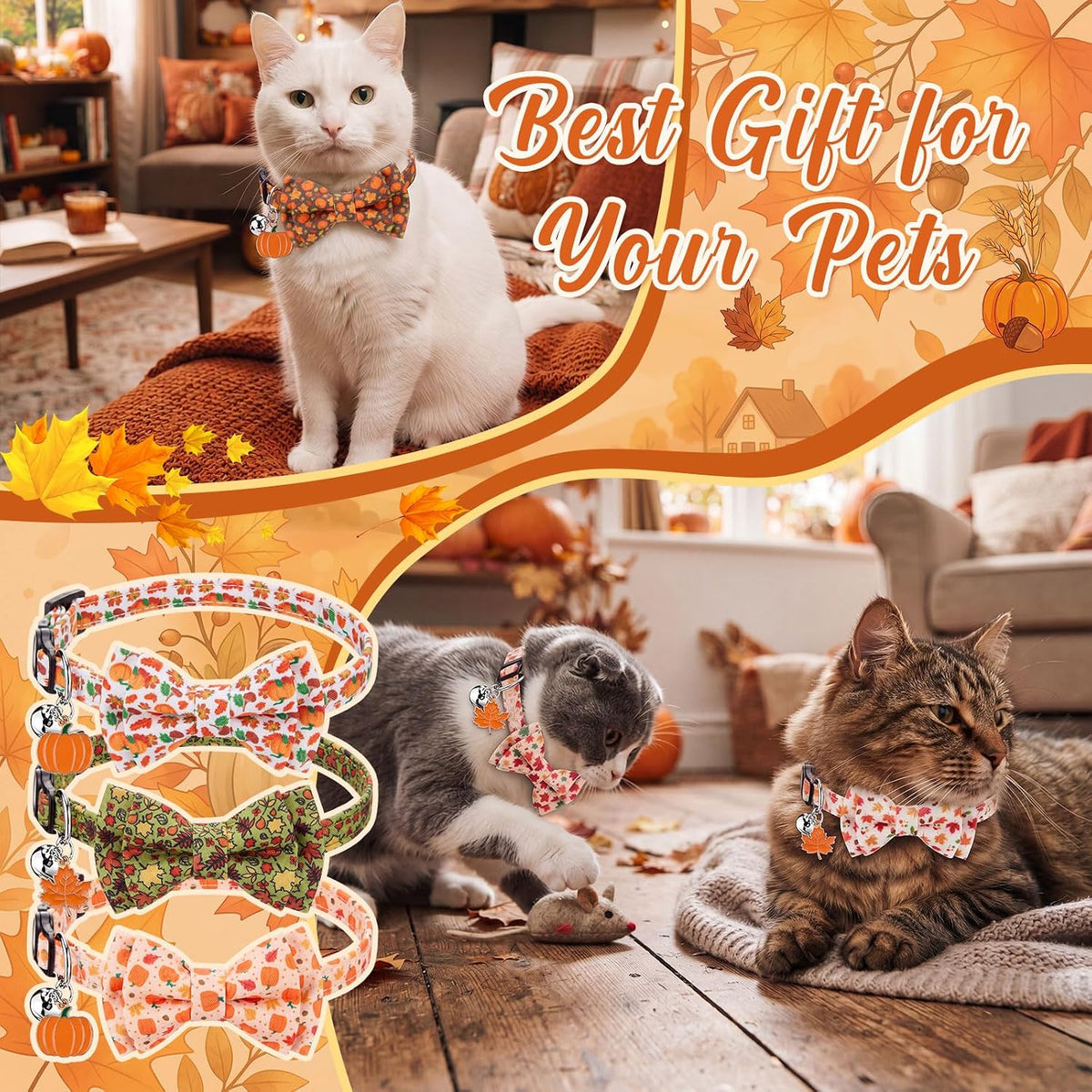 Hsei 6 Pcs Fall Cat Collars Bulk Bow Tie Bell for Autumn Charm Grooming