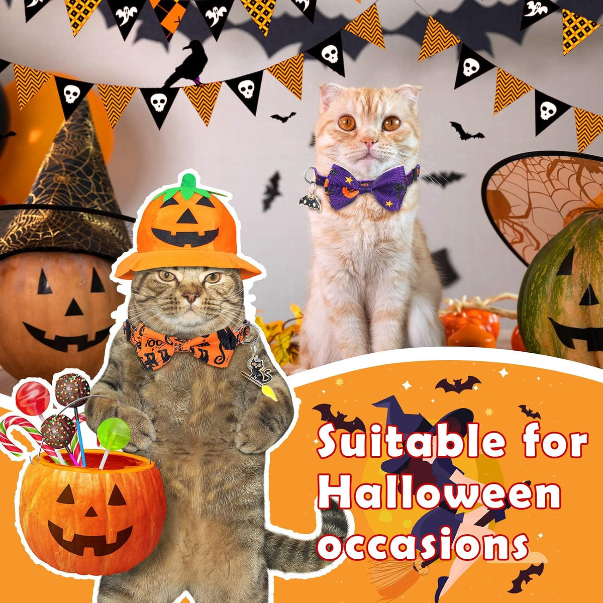 Kacctyen 18 Pcs Holiday Cat Collars Halloween with Bowtie Bell, Small