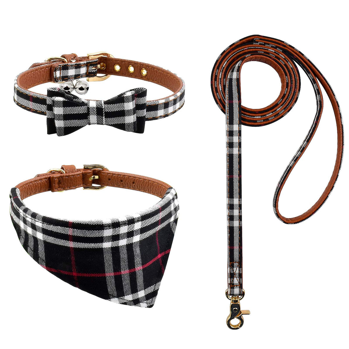 3PCS Bow Tie Dog Collar and Leash Set Plaid/Camo/Dots/Flower Dog Bandanas with Bell 3 Size Adjustable for Small Dogs Puppies and Cats (XS, Orange Plaid)