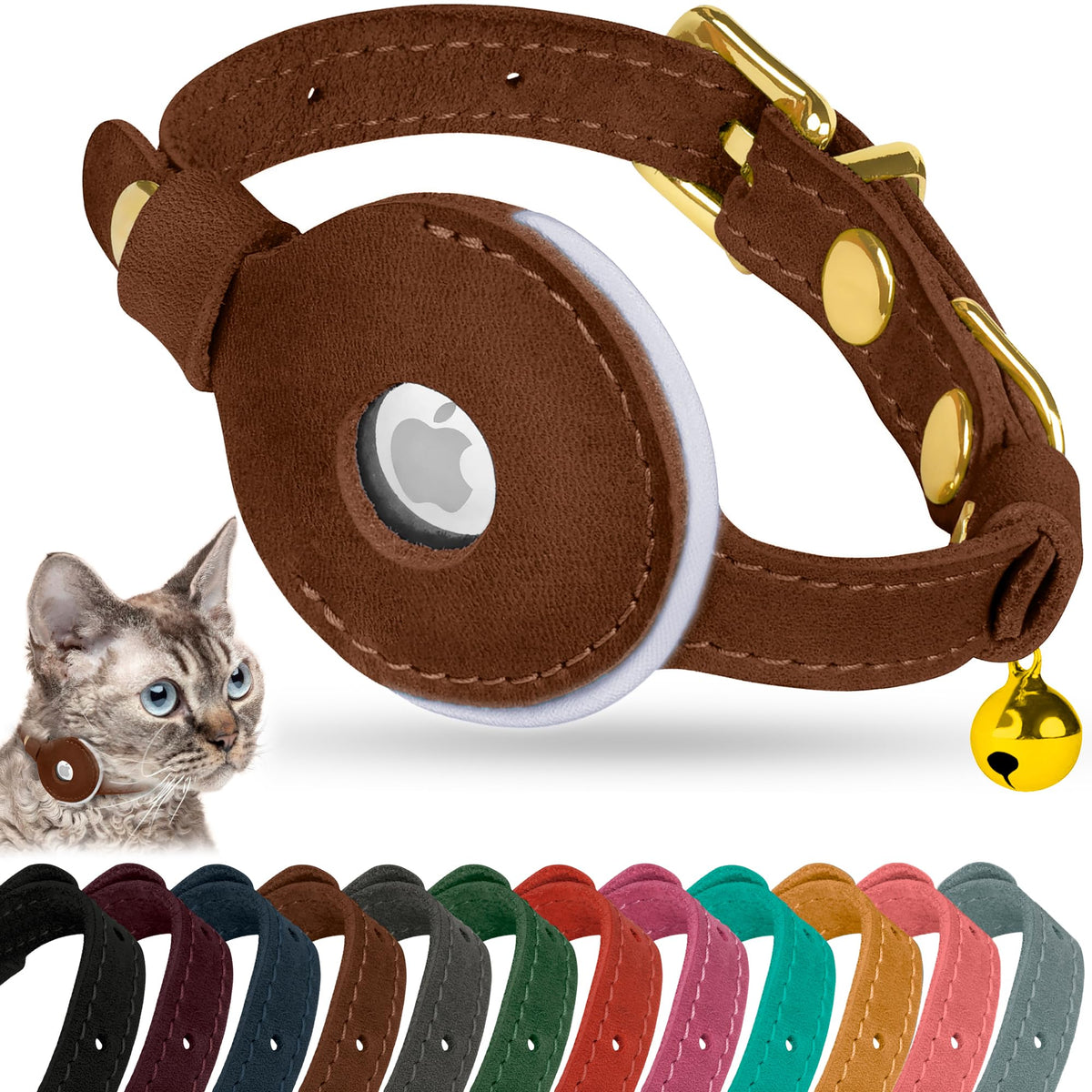 OOPSDOGGY Reflective Leather AirTag Cat Collar with Bell - Non Breakaway Adjustable Pet Collar with Apple Air Tag Holder - Lightweight GPS Kitten Collars for Small Dogs Puppy (Teal)