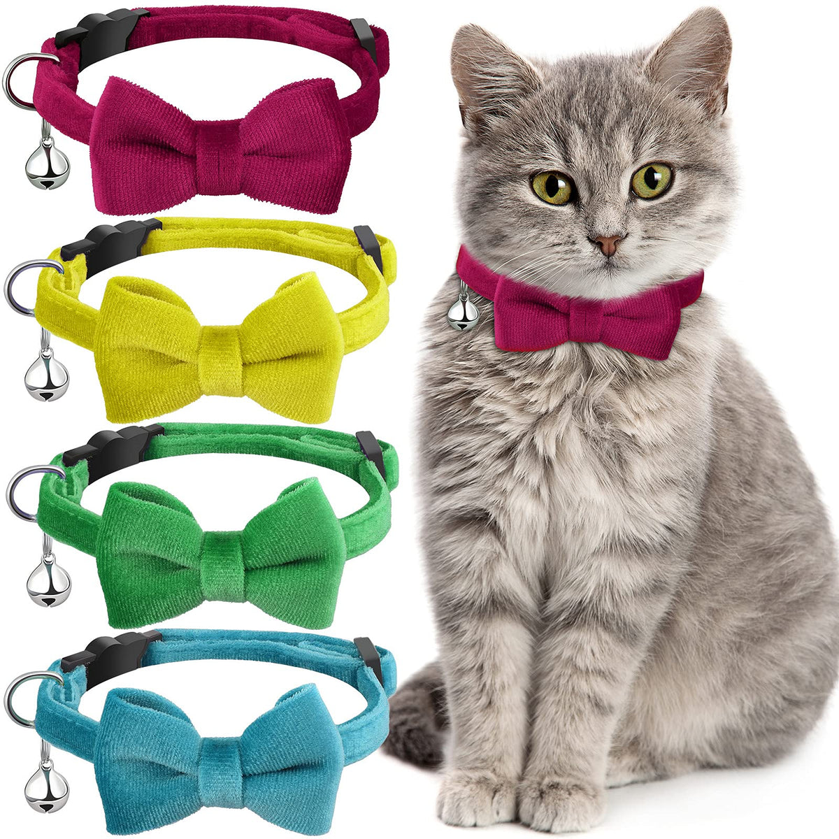 Weewooday 4 Cat Bow Tie Collar, Small, Black, Gray, Dark Green, Blue