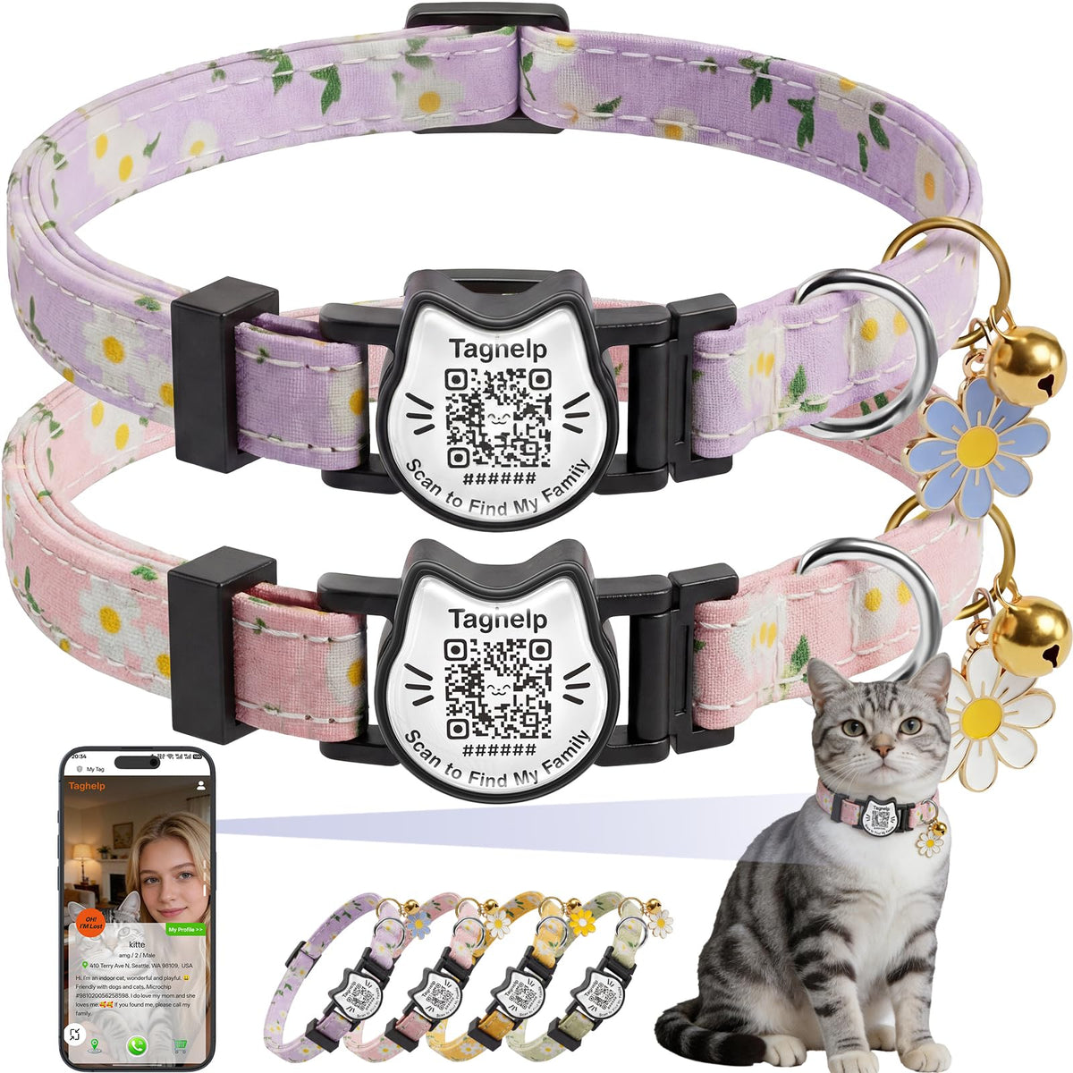 Breakaway Cat Collar with QR Code Tag and Bell (Black & Rose red)