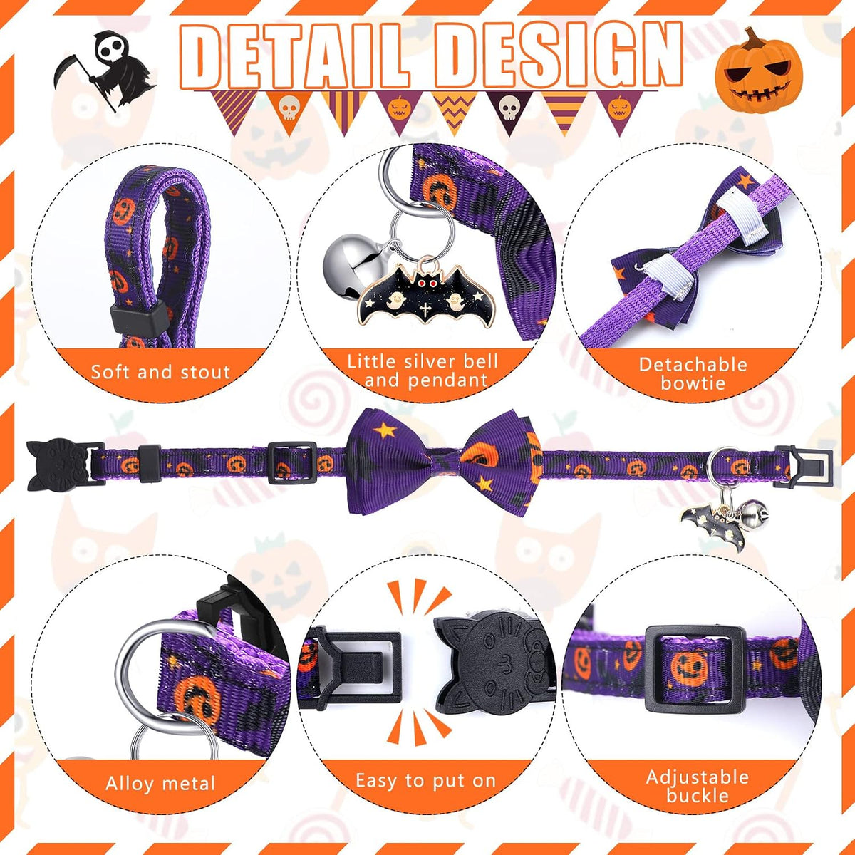 Kacctyen 18 Pcs Holiday Cat Collars Halloween with Bowtie Bell, Small