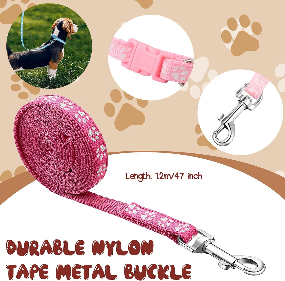 Amylove 48 Pcs Dog Collar and Leash Set, Multicolor, Paws Pattern