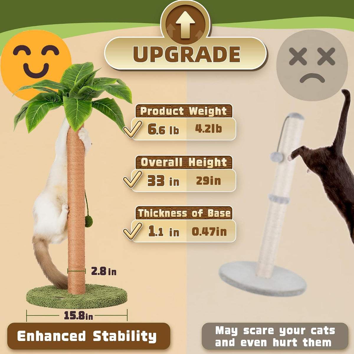 Meowoou Cat Scratching Post 33 Inch Tall Cat Scratcher for Indoor Cats Adults,Small Cat Tree Tower Sisal Rope Kitten Scratch with Interactive Hanging Ball