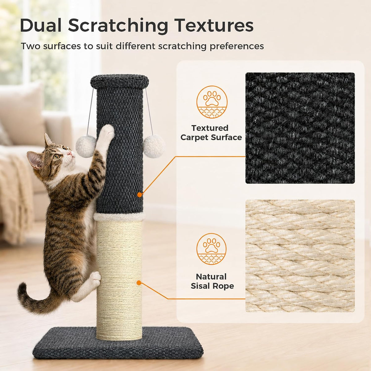 Made4Pets Tall Cat Scratching Post with Sisal & Carpet for Indoor Cats, 33"