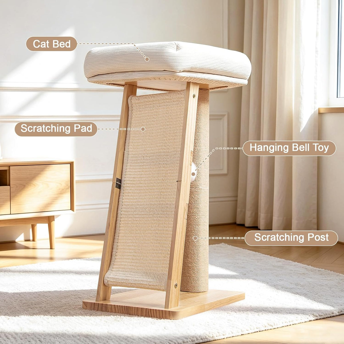27.5" 3-in-1 Natural Pine Wood Cat Scratching Post for Small Medium Cats