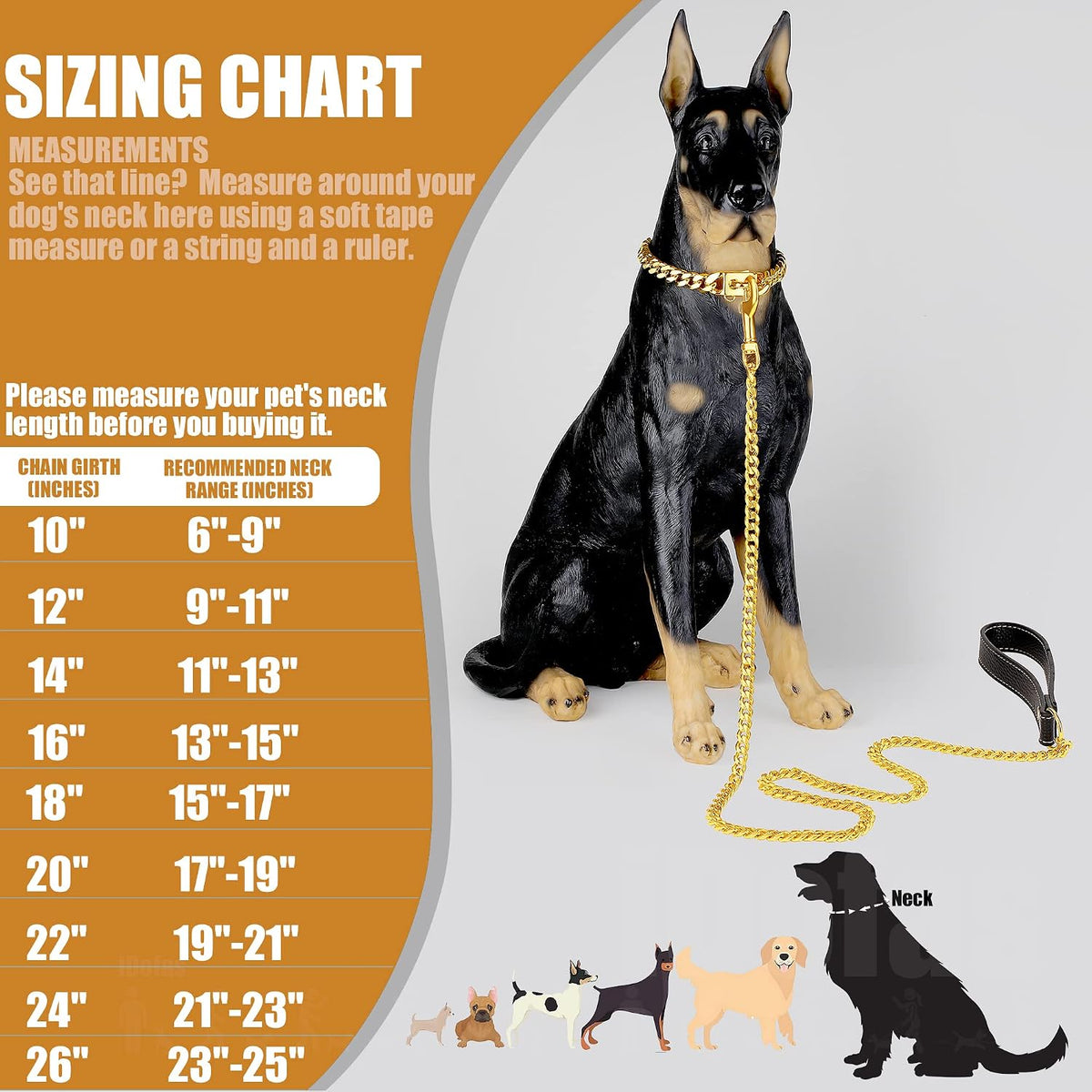 Dog Chain Collars Gold Dog Collar 10mm Gold Cuban Link Dog Collar Stainless Steel 18K Gold Dog Chain with Snap Buckle Dog tag & Bell for Puppy Small Medium Large Dogs(16")