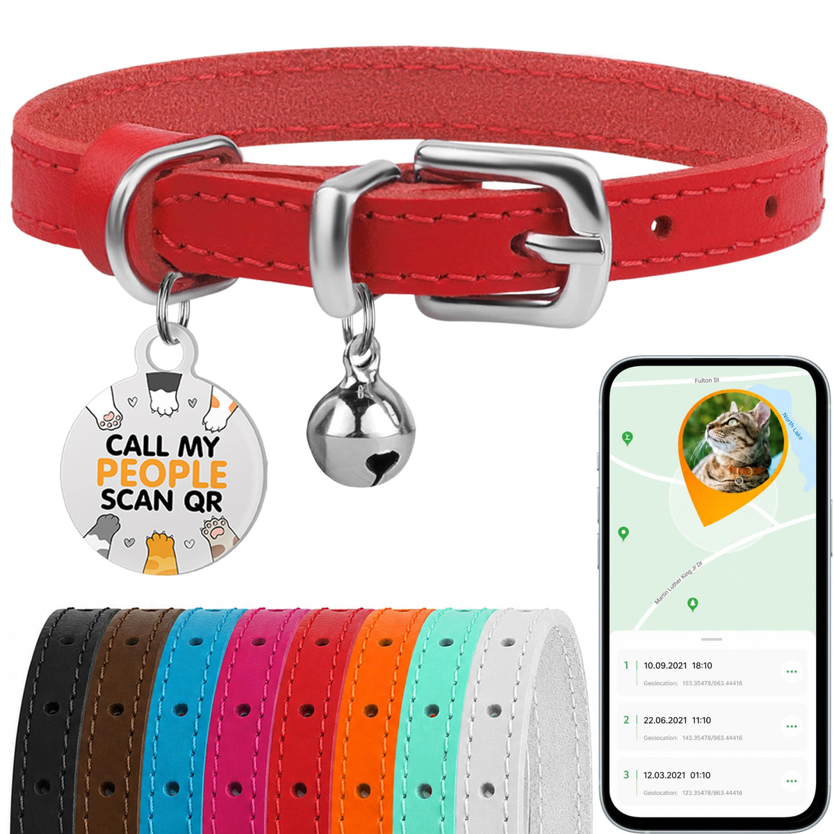 Leather Cat Collar, Removable Bells, QR Tag (9-12", Black & Gold)