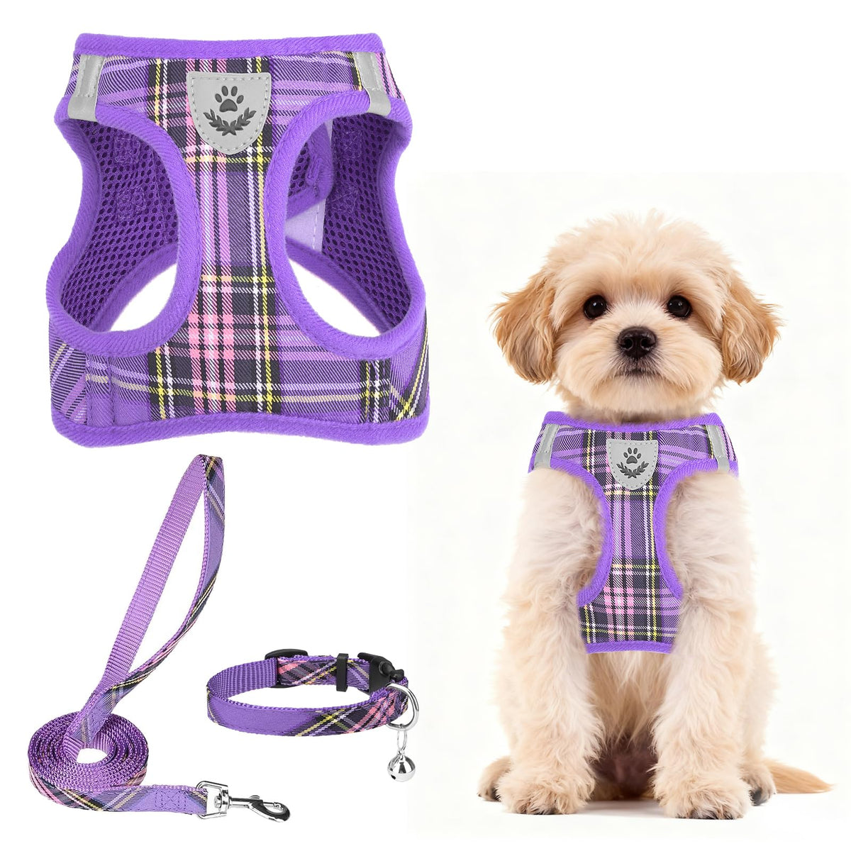 PUPTECK Adjustable Pet Harness Collar &Leash Set Step in for Small Dogs Puppy &Cats Outdoor Training &Running, Soft Mesh Padded Reflective Vest Harness,M: Chest girth: 16-18in Collar: 11.8-15.7in