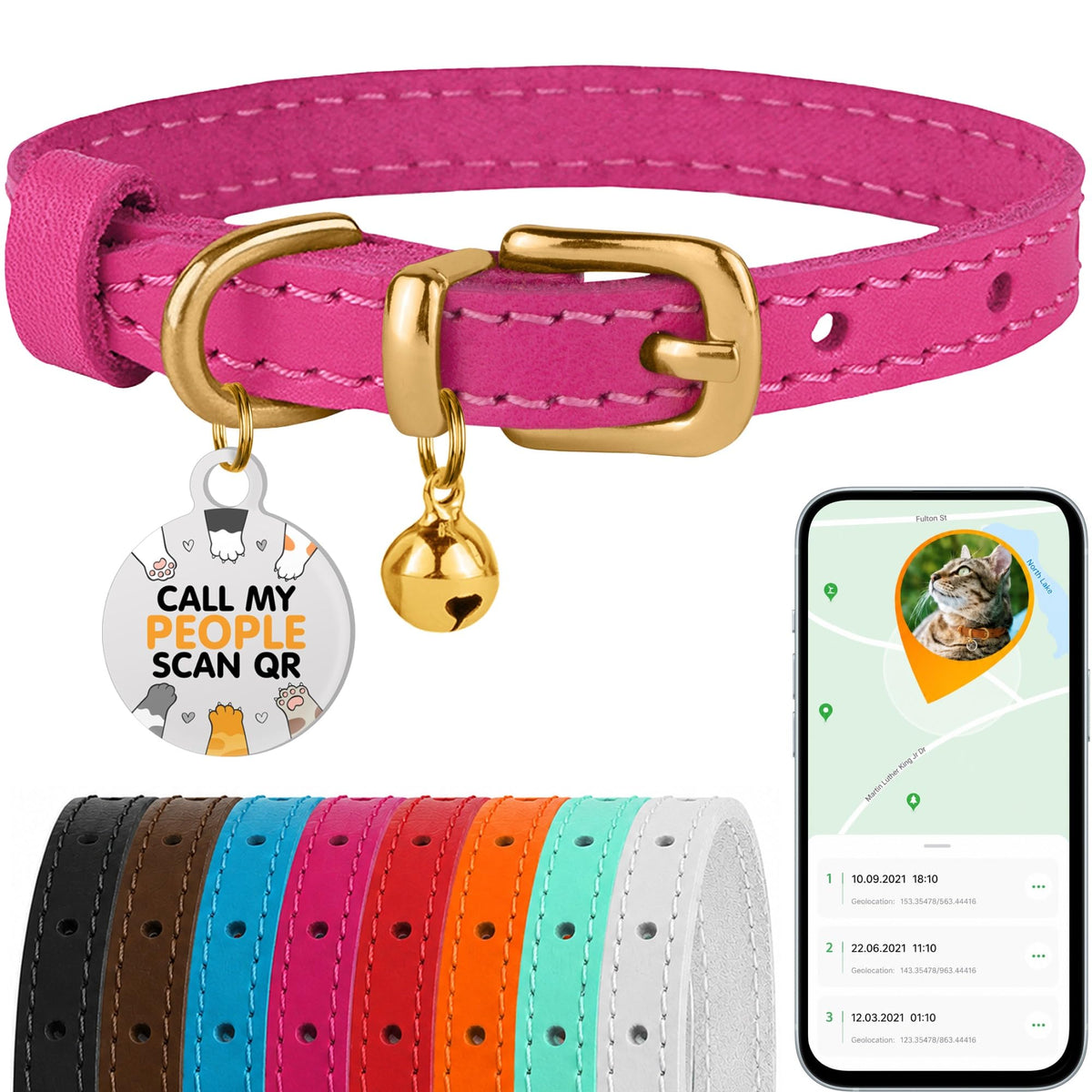 Leather Cat Collar, Removable Bells, QR Tag (9-12", Black & Gold)