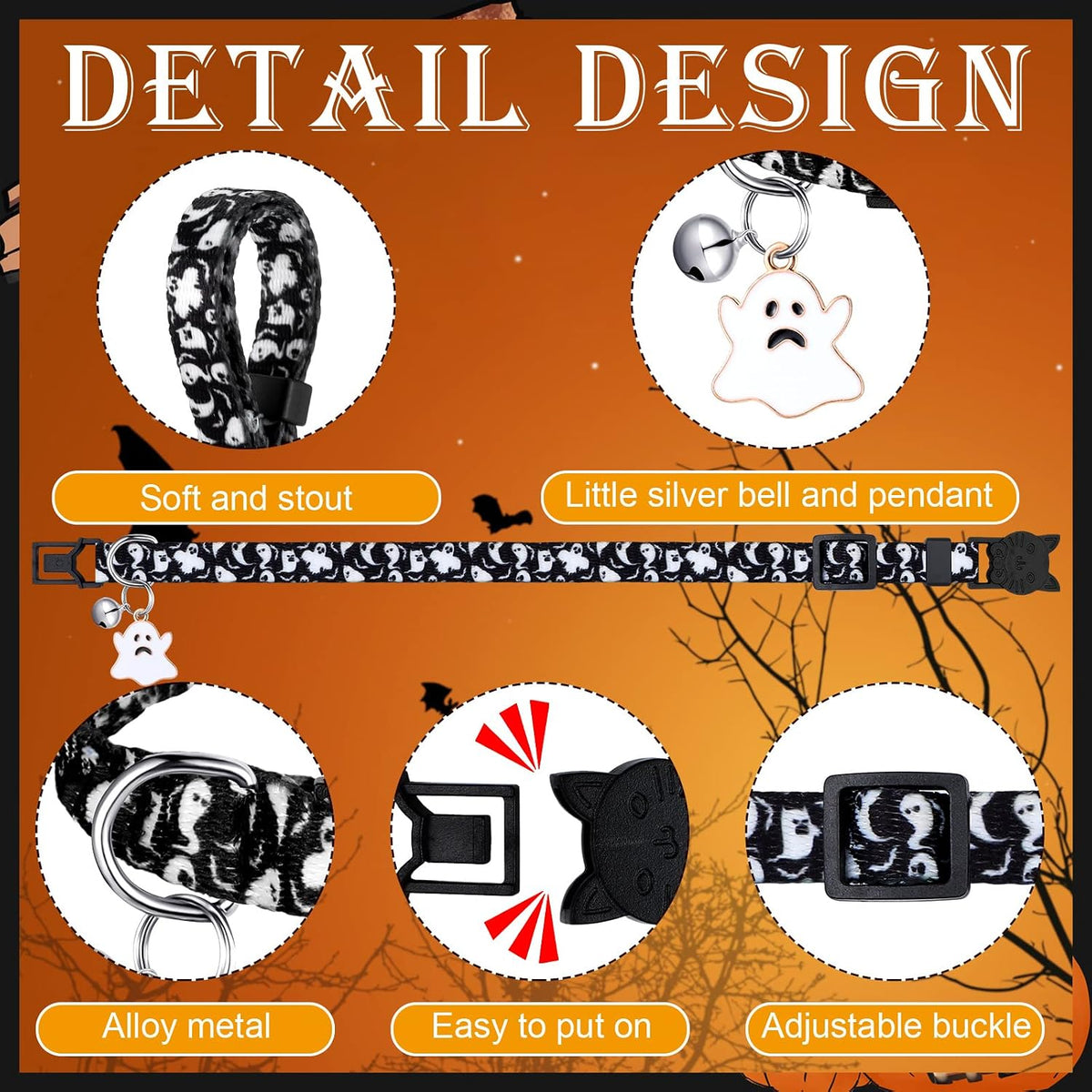 Sanwuta 8 Pcs Halloween Cat Collars Breakaway with Bell, Adjustable Buckle