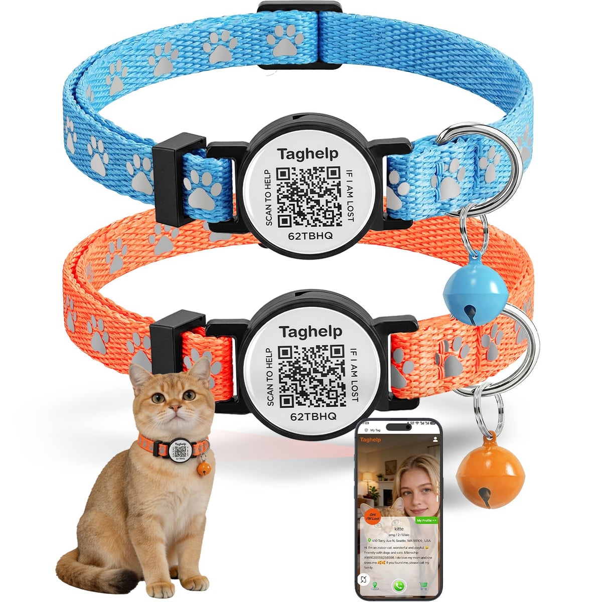 2 Pack QR Code Cat Collar with Instant Lost Pet Recovery System, Scan for Urgent Alerts & Location Info, Breakaway Reflective Collar with Safety Bell (Blue & Pink)