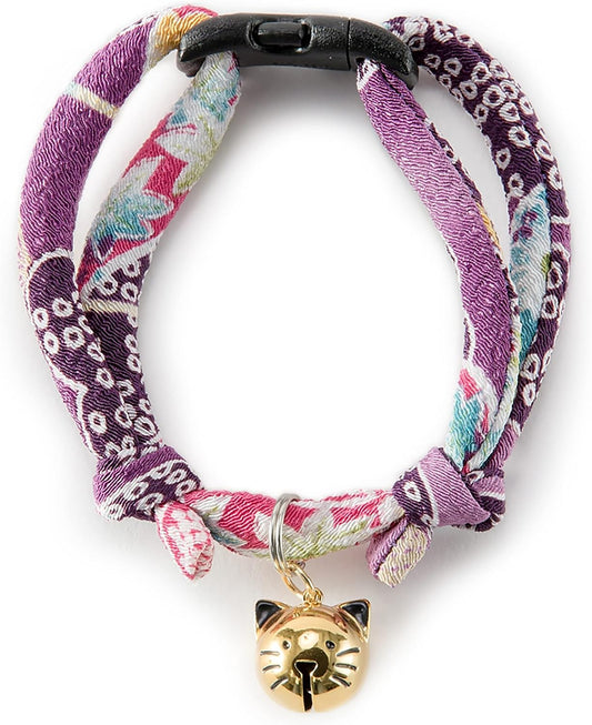 Necoichi Chirimen Hanabi Fireworks Cat Collar, Breakaway with Bell (Purple)