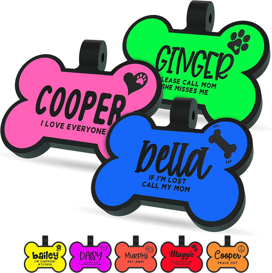 Dog Tag Engraved for Pets Personalized, Durable & Silent Silicone Dog ID Tags w/Deep Engraved 6 Lines of Text - 20 Icons, 14 Fonts, 8 Photoluminescent Colors, Bone Shaped