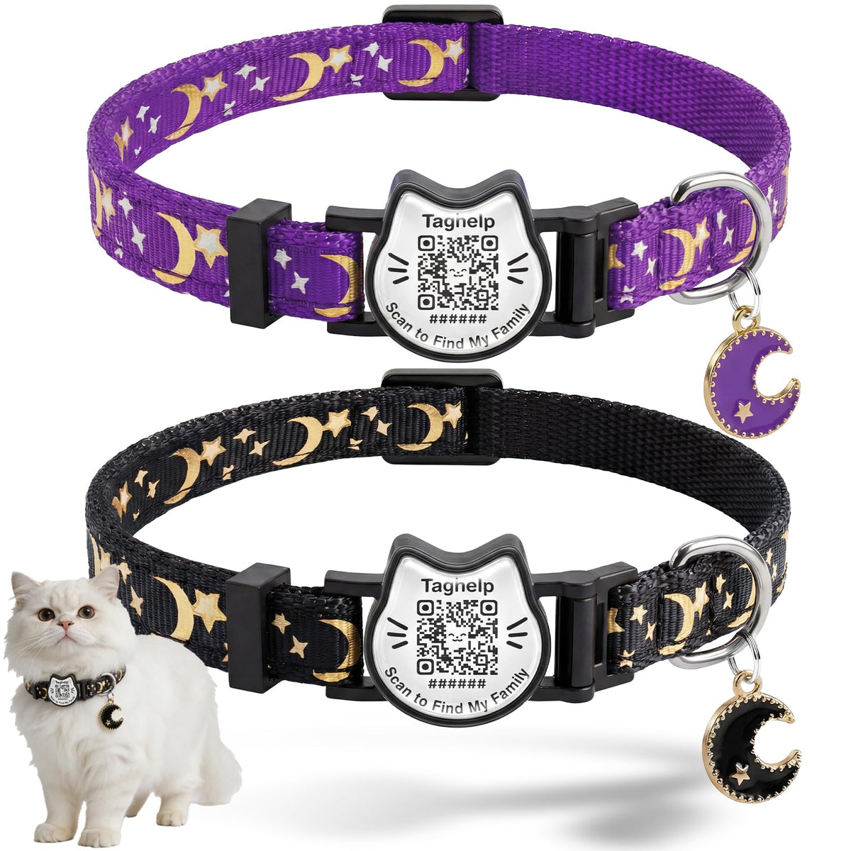 Breakaway Cat Collar with QR Code Tag and Bell (Black & Rose red)