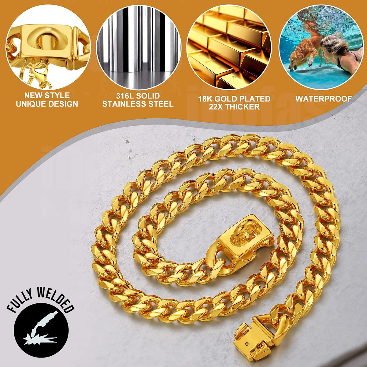 Dog Chain Collars Gold Dog Collar 10mm Gold Cuban Link Dog Collar Stainless Steel 18K Gold Dog Chain with Snap Buckle Dog tag & Bell for Puppy Small Medium Large Dogs(16")
