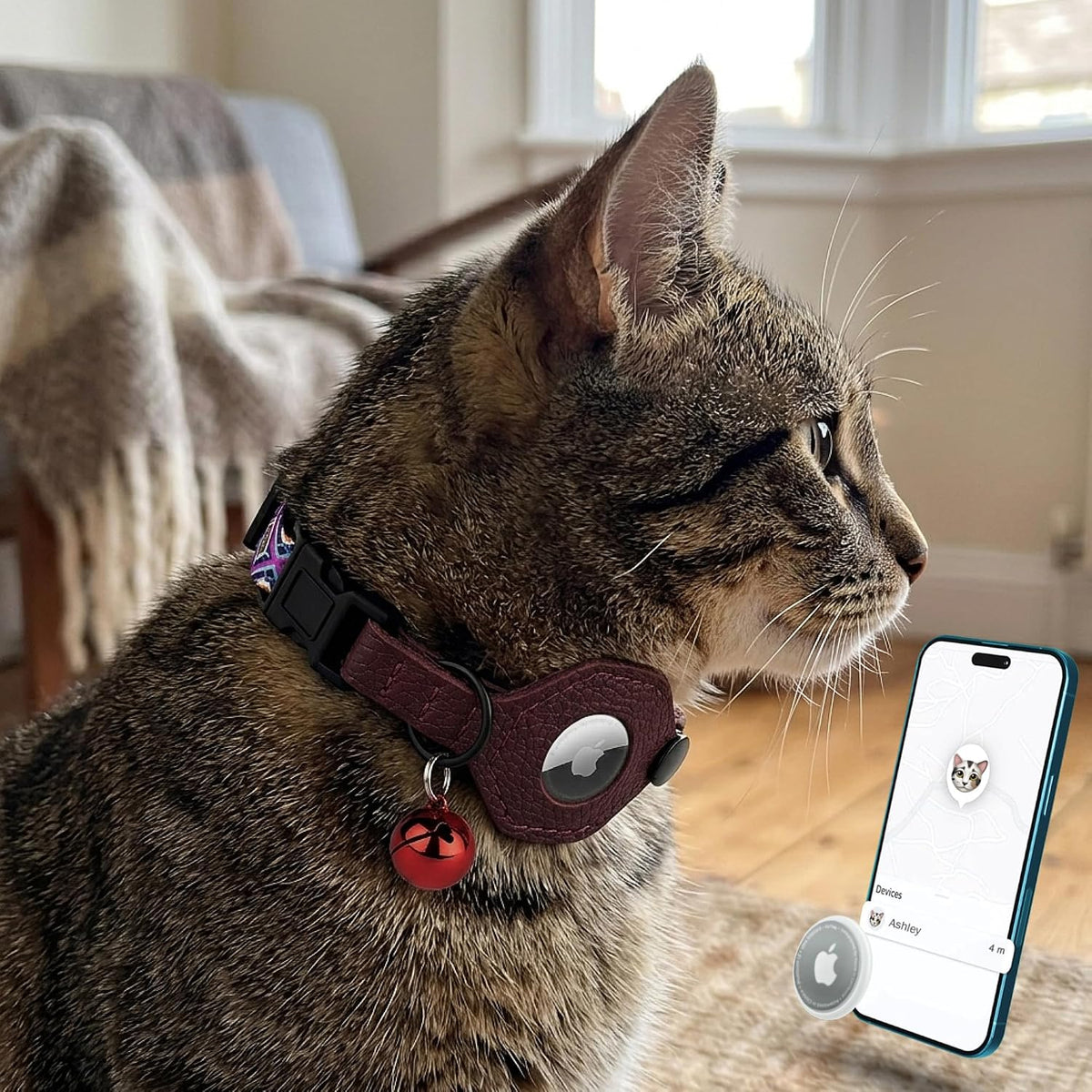 Breakaway Cat Collar with Leather AirTag Holder & Bell - Apple Air Tag Cat Collars for Girls & Boys, Lightweight Anti-Lost GPS Tracker Design, Printed Pattern - Safety and Adjustable (Aztec)