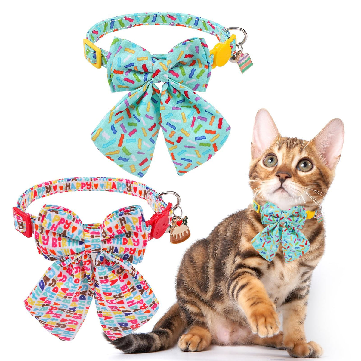 SCENEREAL Fall Cat Collar with Bell & Stylish Bowtie, Turkey Maple Leaf Pattern Breakaway Cat Collars Accessories for Boy Girl Small Cats, Holiday Thanksgiving Kitten Costumes for Female Male Pets