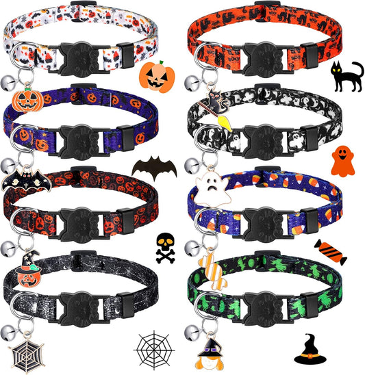 Sanwuta 8 Pcs Halloween Cat Collars Breakaway with Bell, Adjustable Buckle
