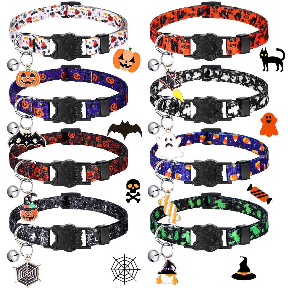 Sanwuta 8 Pcs Halloween Cat Collars Breakaway with Bell, Adjustable Buckle