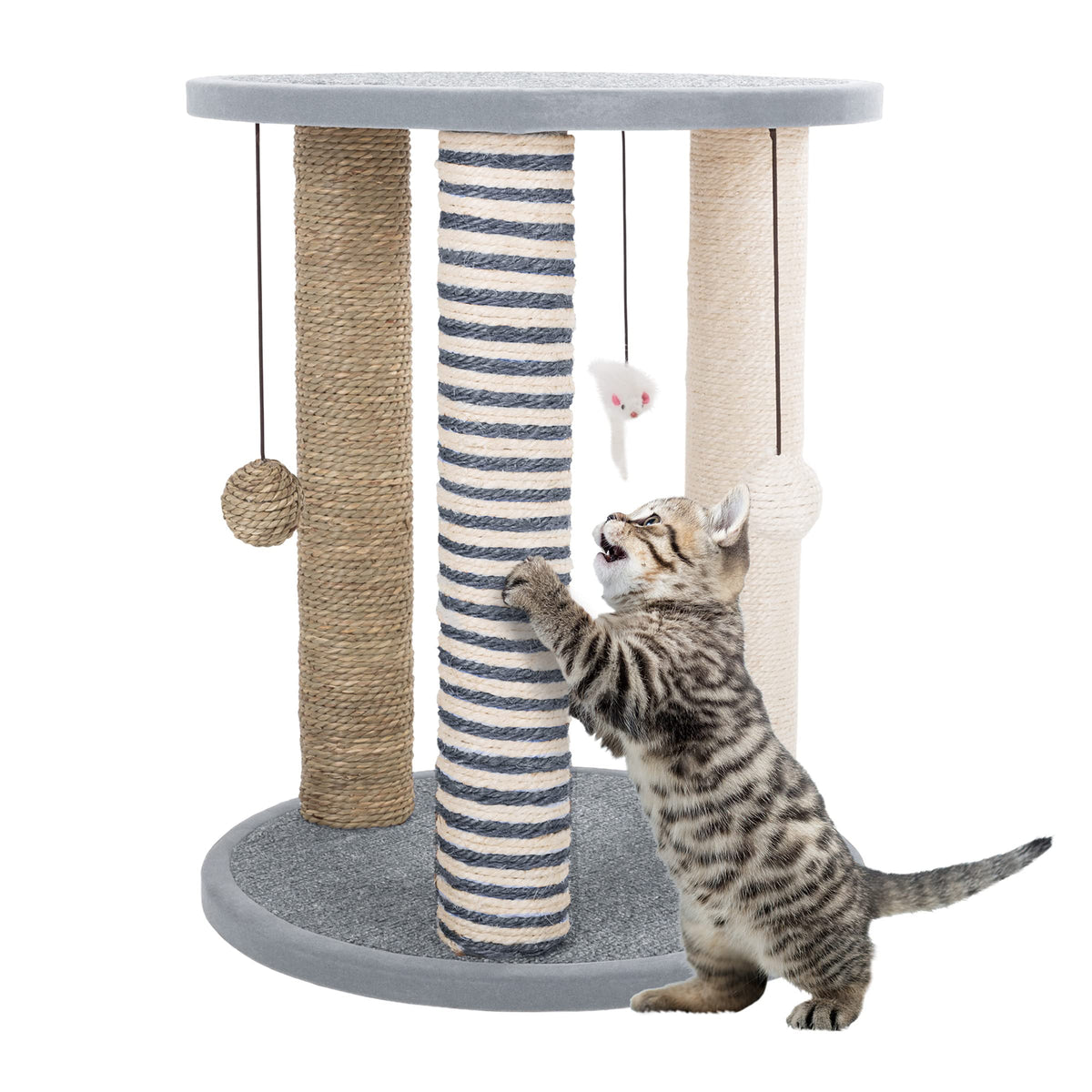 Cat Scratching Post - 3 Scratcher Posts with Carpeted Base Play Area and Perch - Furniture Scratching Deterrent for Indoor Cats by PETMAKER (Brown), Large