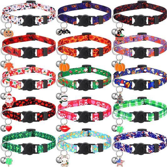 Talltalk 15 Pcs Holiday Cat Collar Halloween Cat Collar Breakaway with Bell