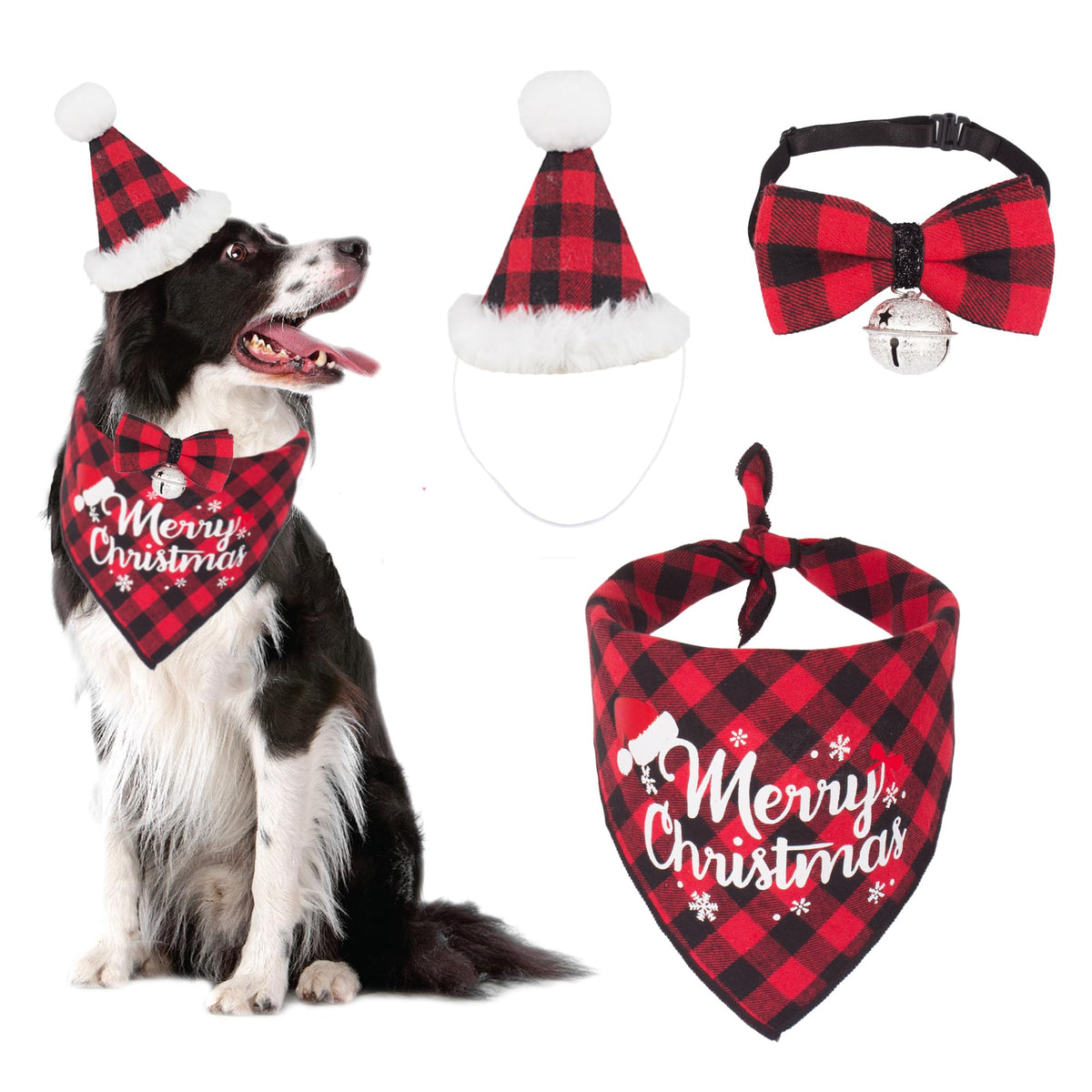 ADOGGYGO Christmas Dog Bandana Hat Bow Tie Set - Stylish Red Plaid Puppy Christmas Hat Scarf Costume Outfit for Small Dogs Pets (Small)