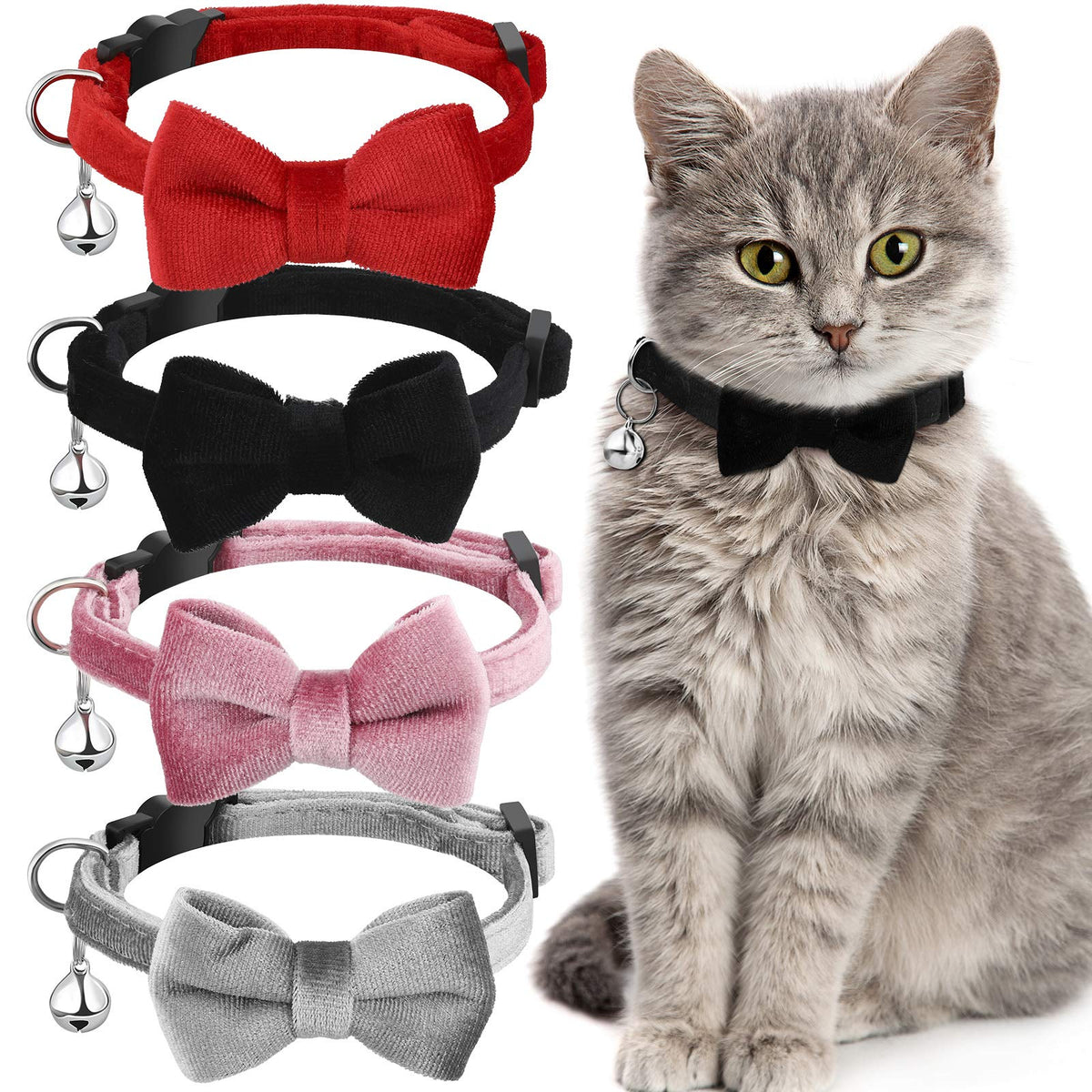 Weewooday 4 Cat Bow Tie Collar, Small, Black, Gray, Dark Green, Blue