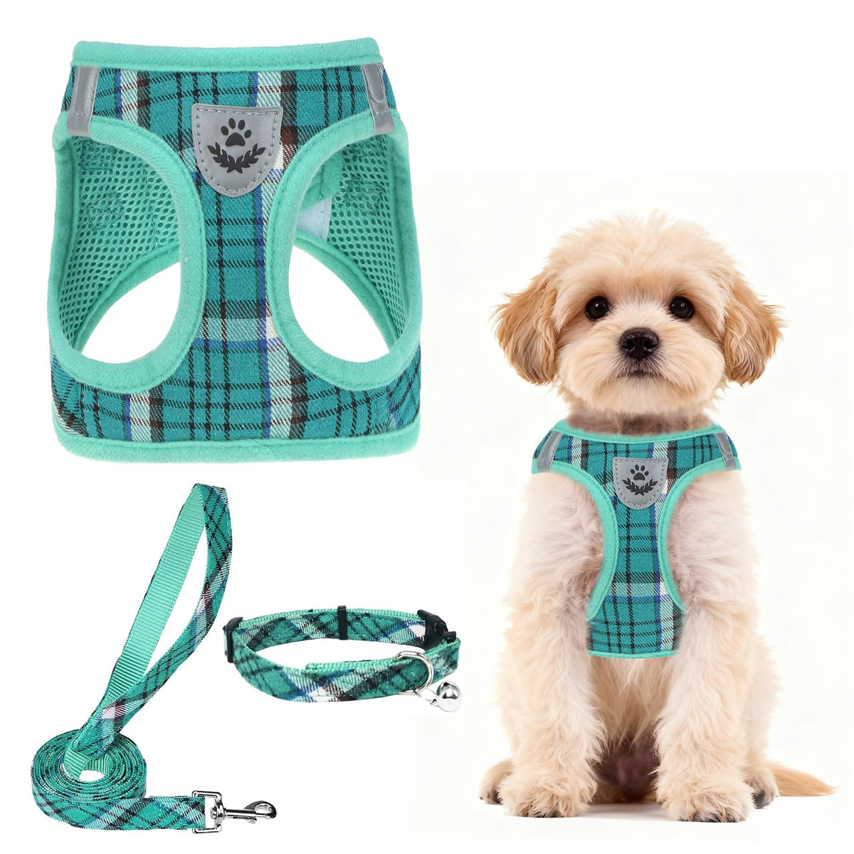 PUPTECK Adjustable Pet Harness Collar &Leash Set Step in for Small Dogs Puppy &Cats Outdoor Training &Running, Soft Mesh Padded Reflective Vest Harness,M: Chest girth: 16-18in Collar: 11.8-15.7in