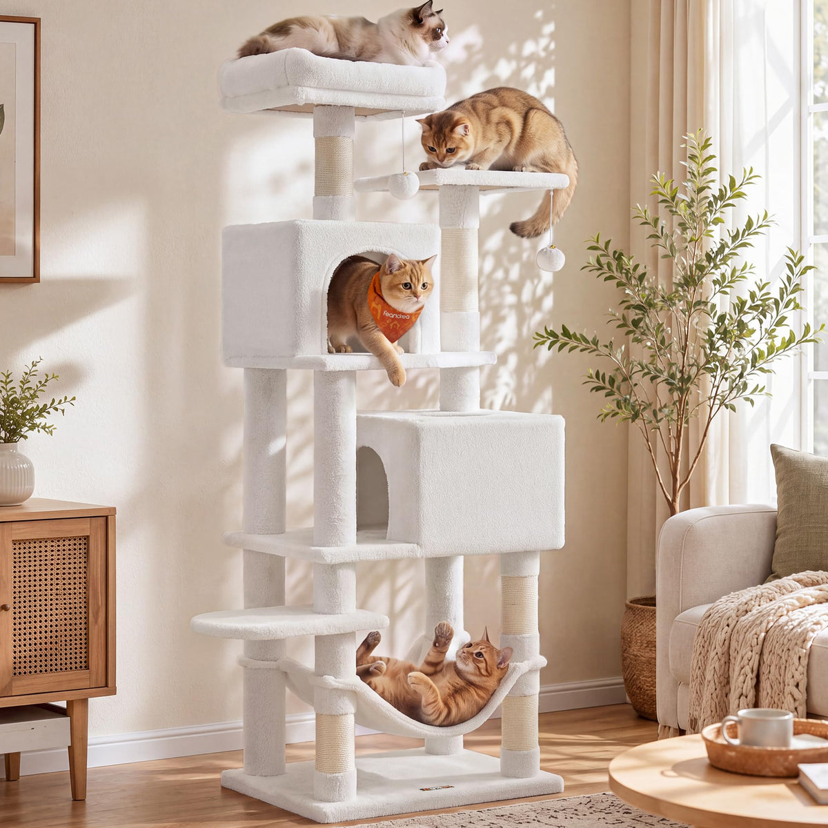 Feandrea Cat Tree, 59.5-Inch Tall Cat Tower, Multi-Level Condo, Beige