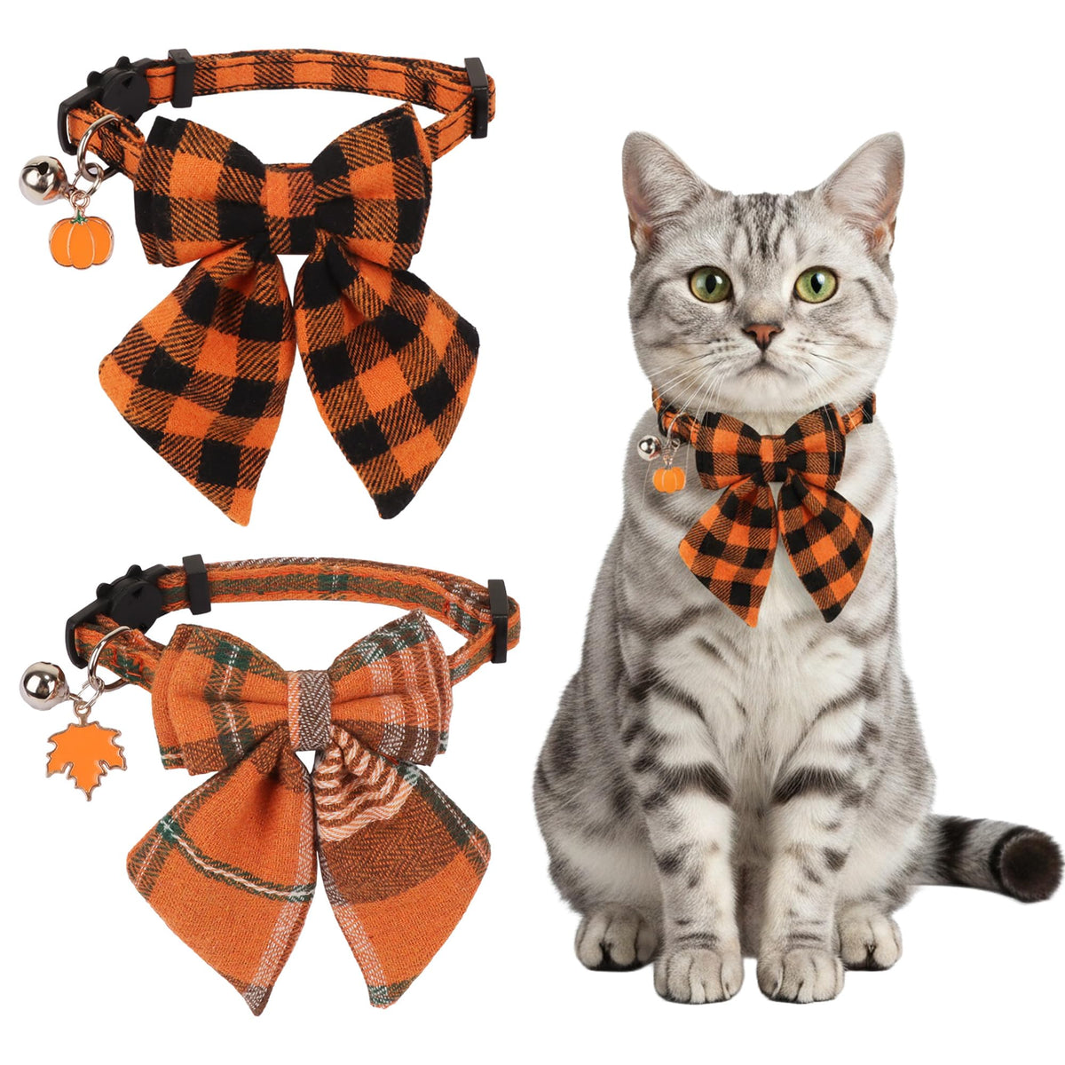 ADOGGYGO Fall Cat Collar Breakaway, Orange Plaid Thanksgiving Cat Bow Tie