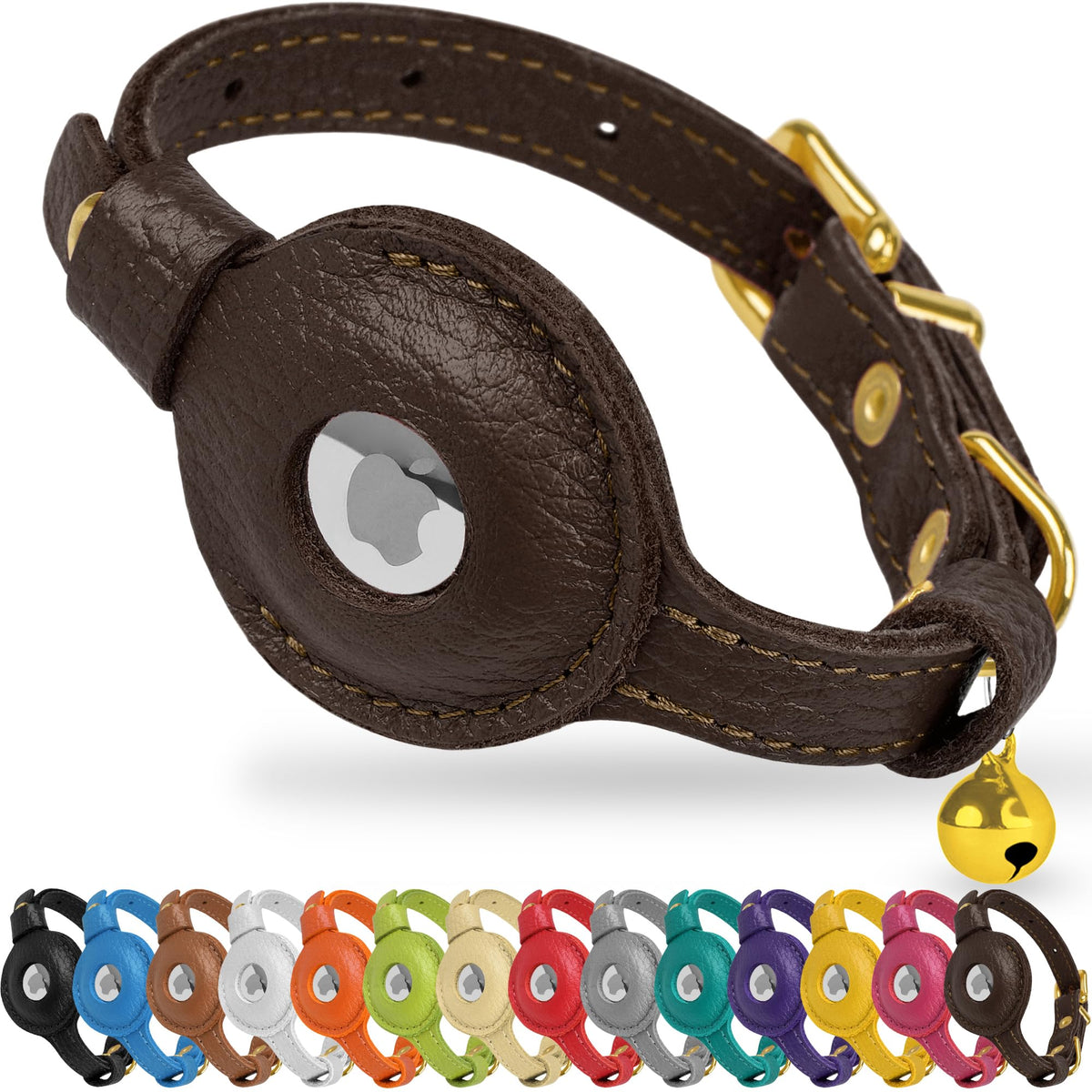 OOPSDOGGY Leather AirTag Cat Collar with Bell - Non Breakaway Kitten Collar with Apple Air Tag Holder - Lightweight GPS Pet Collars for Girl Boy Cats, Small Dogs, Puppies (Gray)